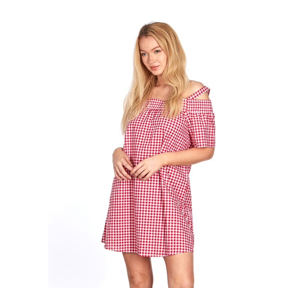 Go Coco Plaid Strap Off-Shoulder Dress